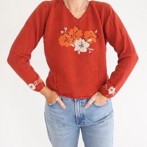 Christopher Banks Red Floral Knit Sweater Boho Grandmacore Embroidered M
